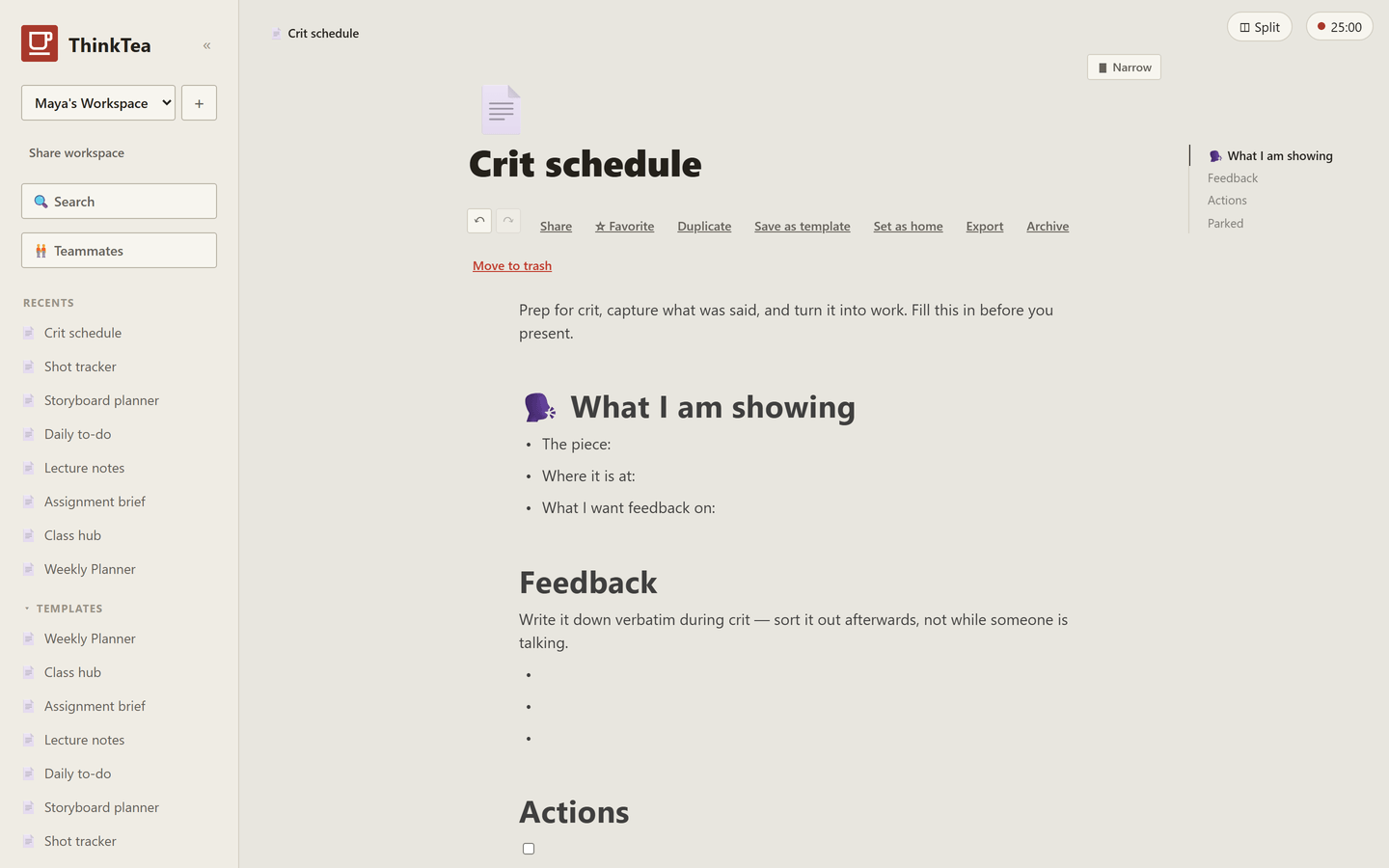 Crit schedule template in ThinkTea