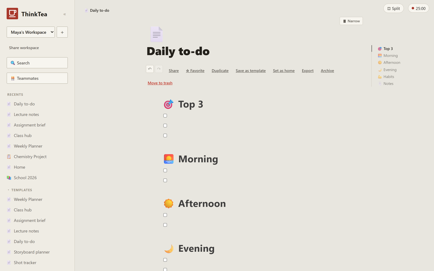 Daily to-do template in ThinkTea