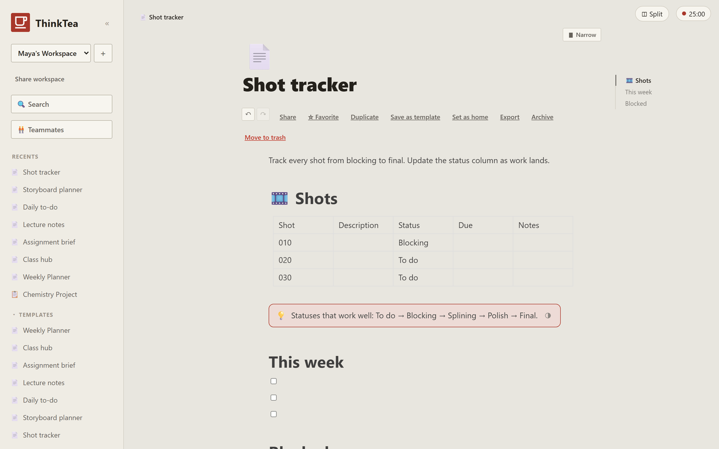Shot tracker template in ThinkTea