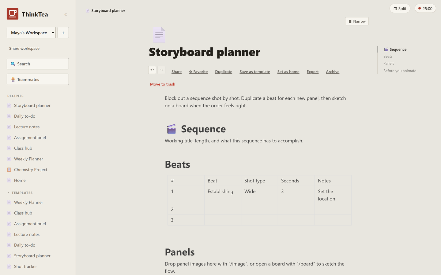 Storyboard planner template in ThinkTea