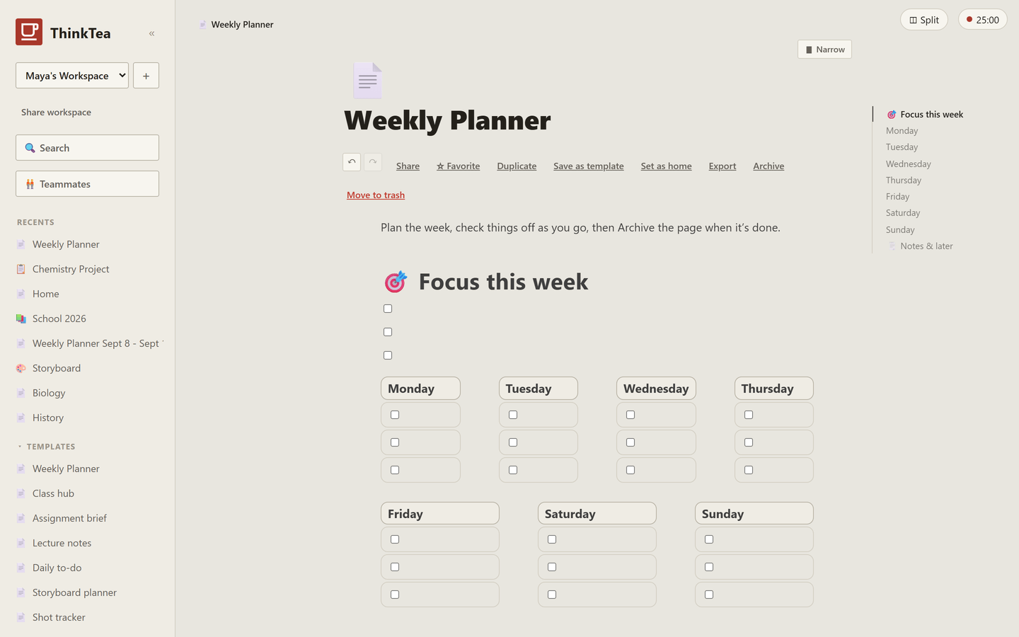 Weekly planner template in ThinkTea